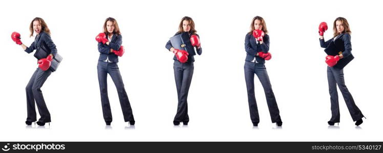 Young woman with boxing gloves isolated on white