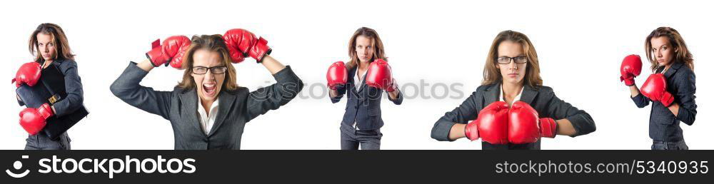 Young woman with boxing gloves isolated on white