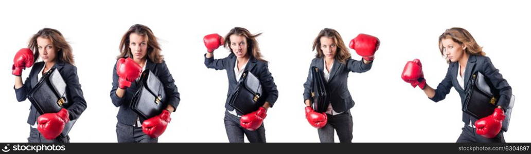 Young woman with boxing gloves isolated on white