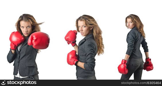 Young woman with boxing gloves isolated on white