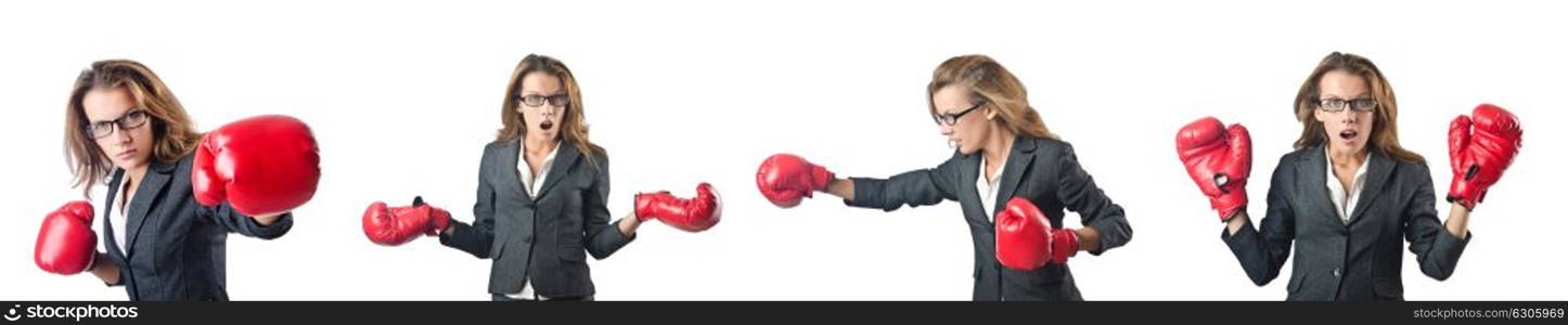 Young woman with boxing gloves isolated on white