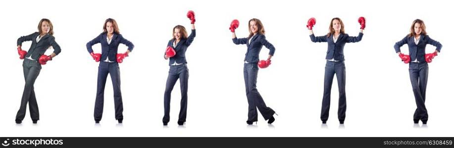 Young woman with boxing gloves isolated on white