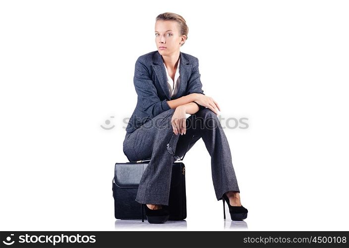 Young woman with briefcase on white