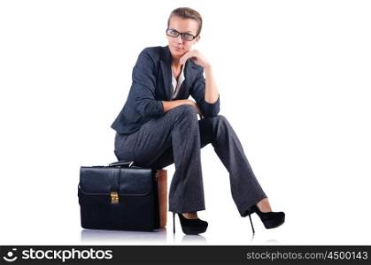 Young woman with briefcase on white