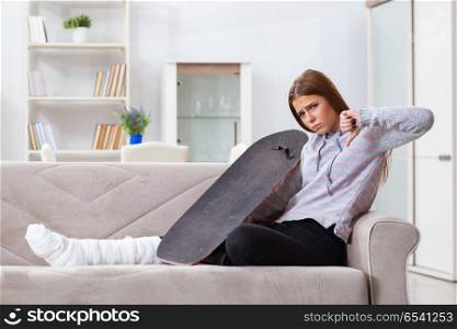 Young woman with broken leg at home
