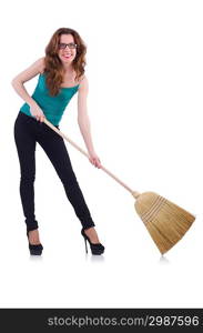 Young woman with broom isolated on white