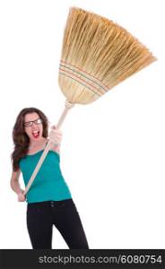 Young woman with broom isolated on white