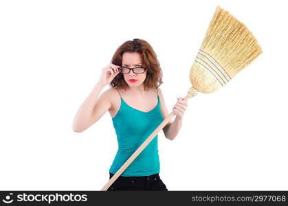 Young woman with broom on white