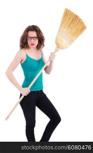 Young woman with broom on white