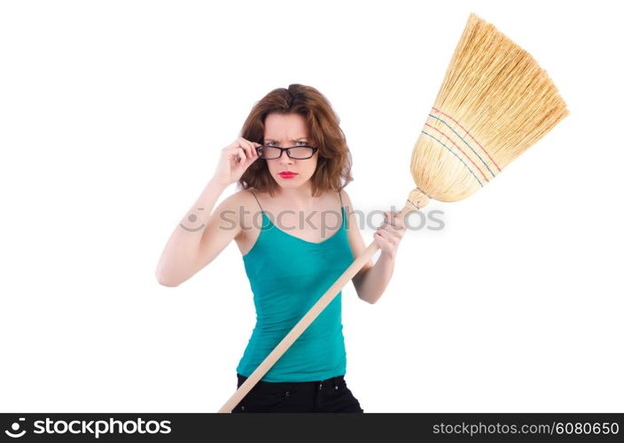 Young woman with broom on white