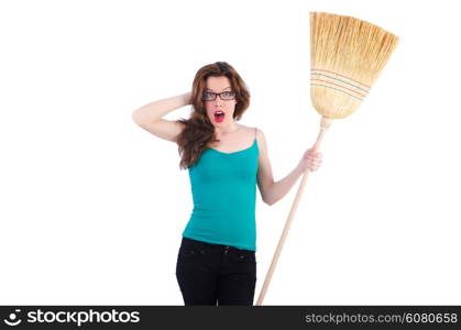 Young woman with broom on white