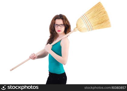 Young woman with broom on white