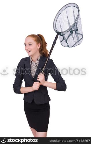 Young woman with catching net on white