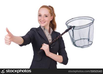Young woman with catching net on white