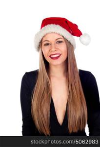 Young woman with Christmas hat and red lips isolated on a white background