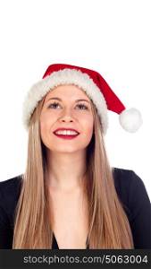 Young woman with Christmas hat and red lips isolated on a white background