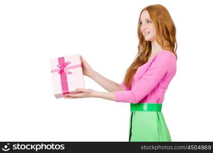 Young woman with christmas shopping on white
