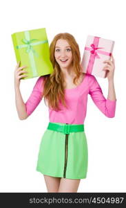 Young woman with christmas shopping on white