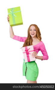 Young woman with christmas shopping on white