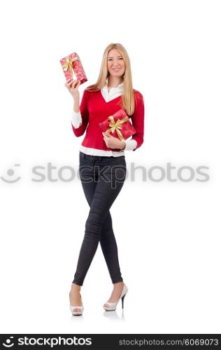 Young woman with christmas shopping on white