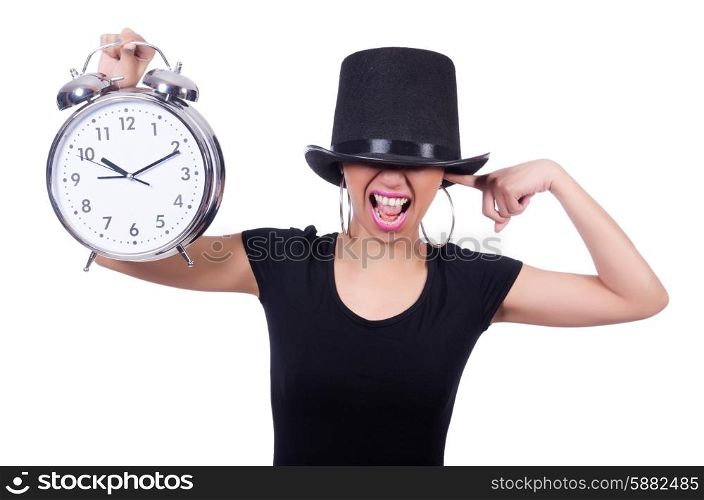 Young woman with clock isolated on white