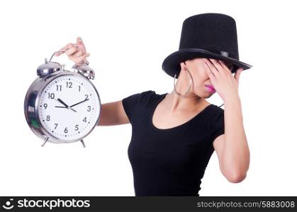 Young woman with clock isolated on white