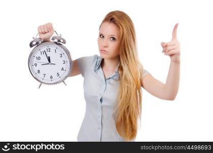 Young woman with clock on white