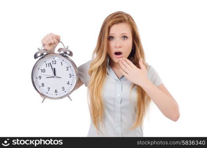 Young woman with clock on white