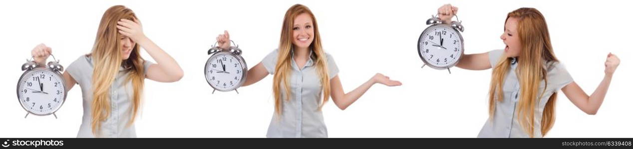 Young woman with clock on white