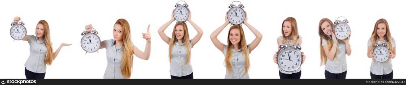 Young woman with clock on white. The young woman with clock on white