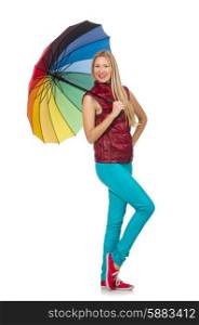 Young woman with colourful umbrella isolated on white