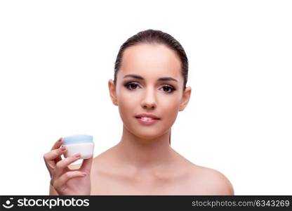 Young woman with cream isolated on white