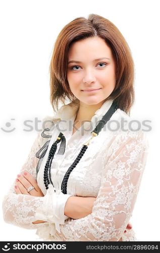Young woman with crossed arms isolated over white