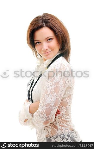 Young woman with crossed arms isolated over white