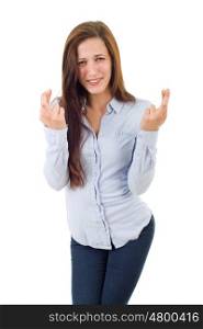 young woman with crossed fingers, isolated over a white background
