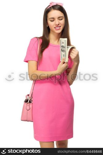 Young woman with dollars isolated