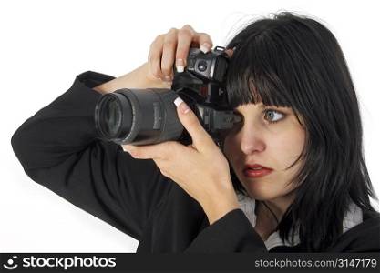 Young woman with film slr camera.