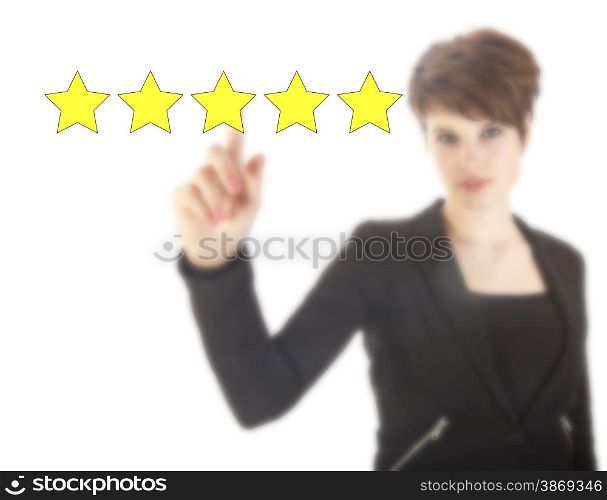 Young woman with five stars isolated on white background