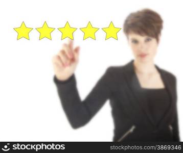Young woman with five stars isolated on white background