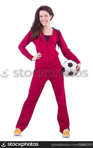 Young woman with football on white