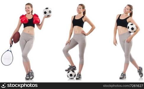 Young woman with football, rugby ball, boxing gloves and tennis racquet . Young woman with football, rugby ball, boxing gloves and tennis 