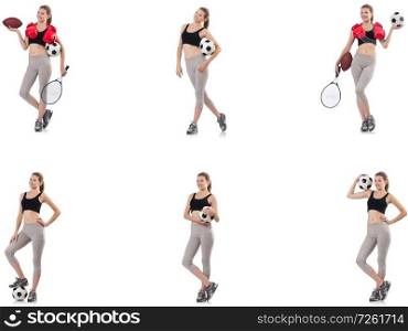 Young woman with football, rugby ball, boxing gloves and tennis racquet . Young woman with football, rugby ball, boxing gloves and tennis 