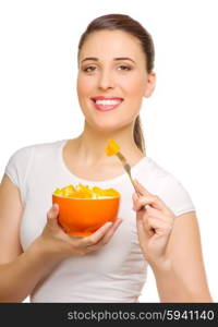 Young woman with fruit salad isolated