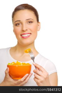 Young woman with fruit salad isolated