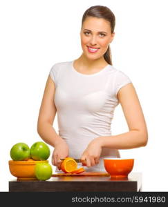 Young woman with fruits isolated