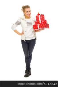 Young woman with gift boxes isolated