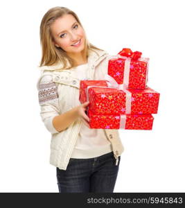 Young woman with gift boxes isolated