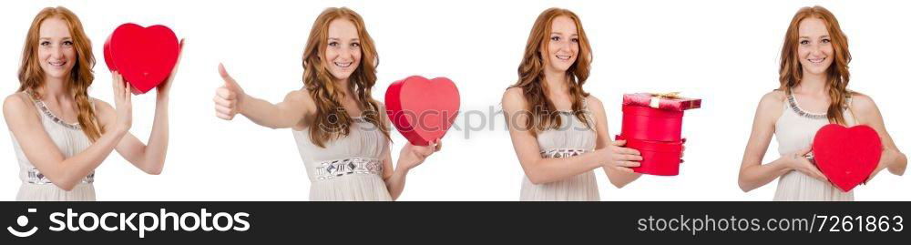 Young woman with giftbox isolated on white 