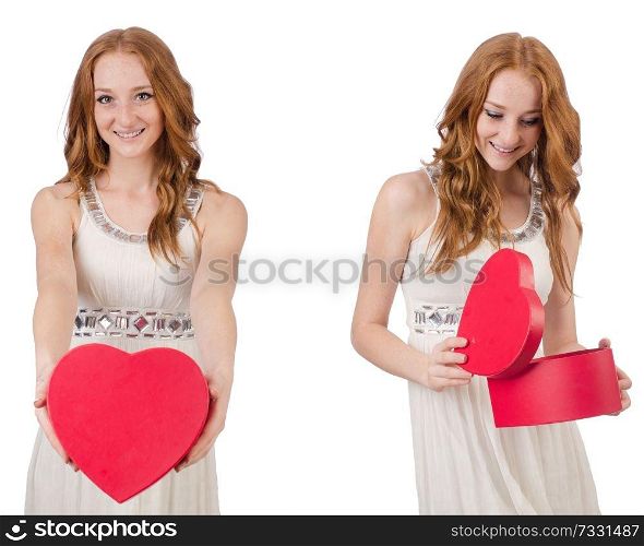 Young woman with giftbox isolated on white 