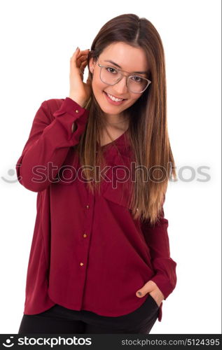 Young woman with glasses posing isolated over white